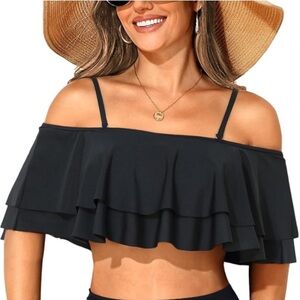 🆕 Tempt Me Black Ruffle Off the Shoulder Flounce Bikini Bathing Suit Top